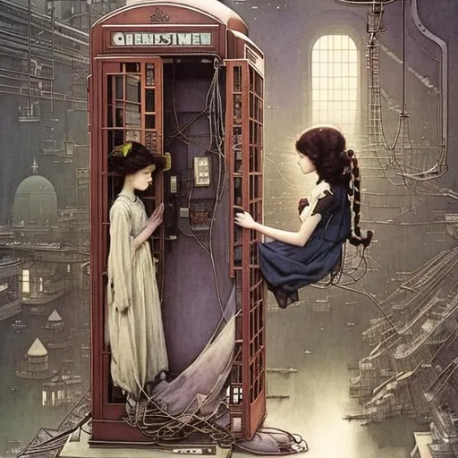 Prompt: Jessie Willcox Smith, Edmund Dulac, Heath Robinson, animesque　wondrous　strange　Whimsical　Sci-Fi Fantasy　time machine, Telephone booth type, under repair, The repairman is a Japanese high school girl, solo girl, a beauty girl　inside factory, high school girl working while floating in the air, innocent beautiful face, hyper detailed high resolution masterpiece 