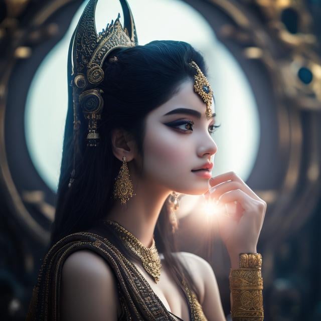 Prompt: Sulamith Wülfing, Surreal, mysterious, strange, fantastical, fantasy, Sci-fi, Japanese anime, crescent moon in the mirror, amphitheater, young pagan beauty, perfect voluminous body, hyper detailed masterpiece high resolution definition quality, depth of field cinematic lighting 