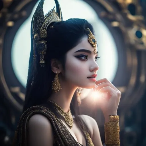 Prompt: Sulamith Wülfing, Surreal, mysterious, strange, fantastical, fantasy, Sci-fi, Japanese anime, crescent moon in the mirror, amphitheater, young pagan beauty, perfect voluminous body, hyper detailed masterpiece high resolution definition quality, depth of field cinematic lighting 