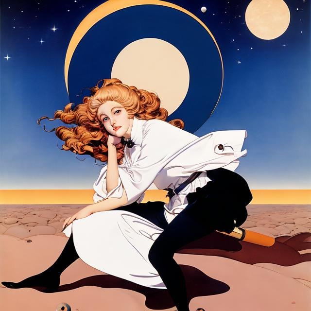 Prompt: Thomas Theodor Heine, Heikala, Surreal, mysterious, strange, fantastical, fantasy, sci-fi, Japanese anime, a small moon with a diameter of 5 meters floating in the air, beautiful blonde miniskirt girl Alice sitting on the moon and singing, perfect voluminous body, detailed masterpiece 