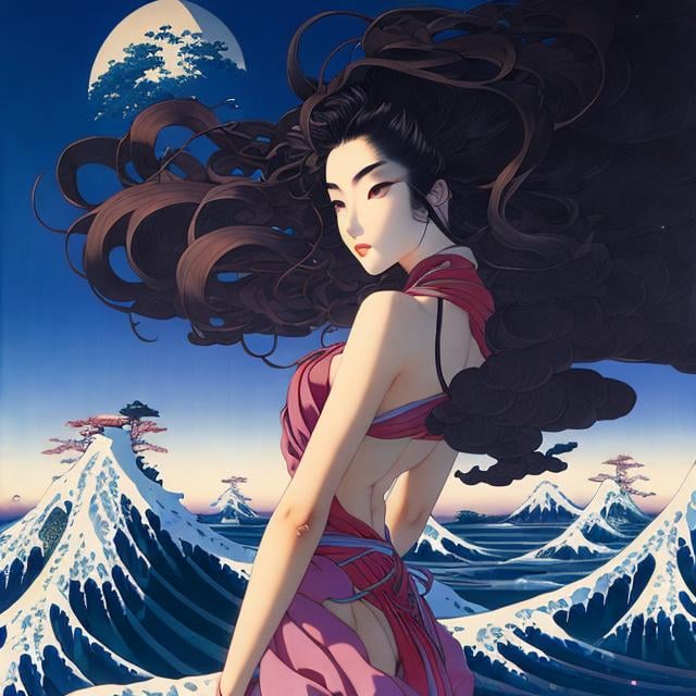 Prompt: Hokusai, Keith Parkinson, Surreal, mysterious, strange, fantastical, fantasy, Sci-fi, Japanese anime, shrine grounds, living crystal moon, transmission, reflection, refraction, flying miniskirt beautiful girl, perfect voluminous body, detailed masterpiece 