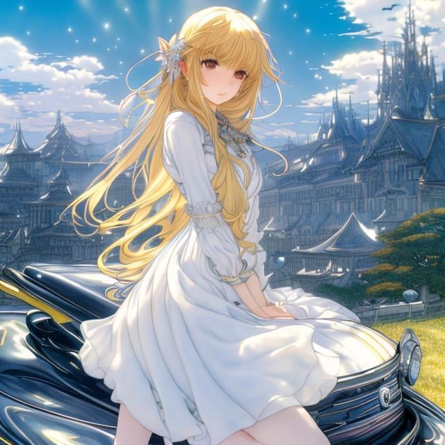 Prompt: Arthur Rackham, Jean Giraud, Walter Crane Anime　wondrous　strange　Whimsical　surreal　fanciful　Sci-Fi Fantasy　Galactic Highway　Light yellow FIAT500 giant Saturn in front　stele々　Miniskirt high school girl posing sitting on the hood　a beauty girl　Wide Angle　hyperdetailed high definition high resolution high quality masterpiece