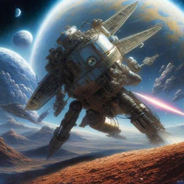 Prompt: Yoshitaka Amano, Jim Burns, Surreal, mysterious, strange, fantastical, fantasy, Sci-fi, Japanese anime, beautiful miniskirt space pirate, perfect body, short blonde, boyish, chased through the asteroid belt by the space police, hyper detailed masterpiece high resolution definition quality 