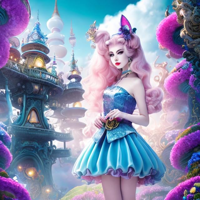 Prompt: Colleen Doran, Junko Mizuno, Surreal, mysterious, bizarre, fantastical, fantasy, Sci-fi, Japanese anime, poetics of baroque theater, baroque discovery, carnival, meta-theater, ``Magic Garden'' = ``Magic Island'' = ``Illusion'' Alice, a beautiful blonde miniskirt girl looking at the sights, perfect voluminous body, detailed masterpiece 