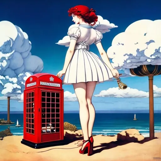 Prompt: Thomas Kidd, Walter Crane, George Barbier, Surreal, mysterious, strange, fantastical, fantasy, Sci-fi, Japanese anime, red telephone booth, desert, cumulonimbus, miniskirt beautiful girl, perfect voluminous body, detailed masterpiece 