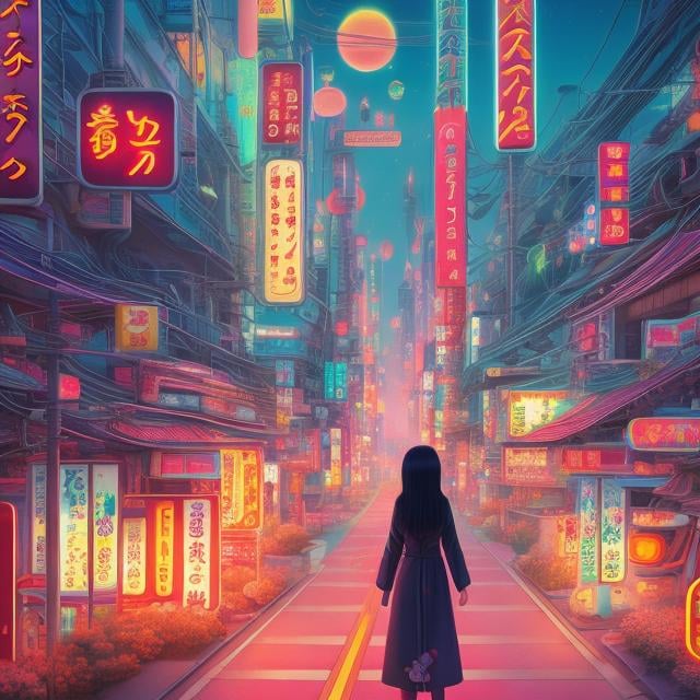 Prompt: Daisukerichard, Jean Giraud, Surreal, mysterious, bizarre, fantastic, fantasy, sci-fi, Japanese anime, Tokyo cruise, dreams are floating, under the expressionless sky, getting lost and being swallowed up, Tokyo cruise, dreams are melting, in the colored neon city, we stare at each other and comfort each other, summer The night breeze permeates my bod, The dreams of that day are far away in back of my mind, like a fossil, beautiful high school girl in a miniskirt, perfect bidy, detailed masterpiece 