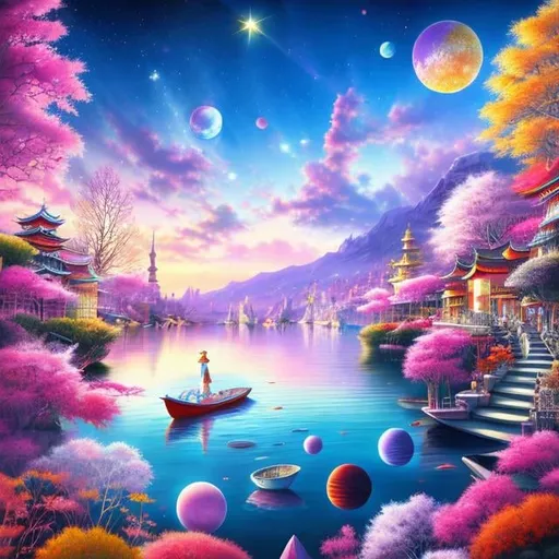 Prompt: Margaret Tarrant,  Jan Pieńkowski, Surreal, mysterious, strange, fantastical, fantasy, Sci-fi, Japanese anime, The Milky Way flows underground, A beautiful girl in a miniskirt sits on a floating boat, Perfect body, Crystal City, Perspective drawing, vibrant colours, angles, detailed masterpiece bird’s eye view