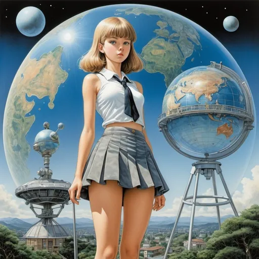 Prompt: Fina Rifà, Tehani Farr, Angela Barrett, Peter Barrett, katsuhiro Otomo, Surrealism, wonder, bizarre, bizarre, fantasy, Sci-fi, Japanese anime, catadioptric telescope, equatorial mount, celestial sphere and diurnal motion, glass planet and beautiful high school girl in miniskirt, perfect voluminous body, detailed masterpiece 