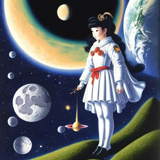 Prompt: Hans Baldung, Naoko Takeuchi , Surreal, mysterious, strange, fantastical, fantasy, sci-fi, Japanese anime, beautiful girl in a space suit surveying the moon, perfect voluminous body, distance from the earth to the moon, survey map, detailed masterpiece 