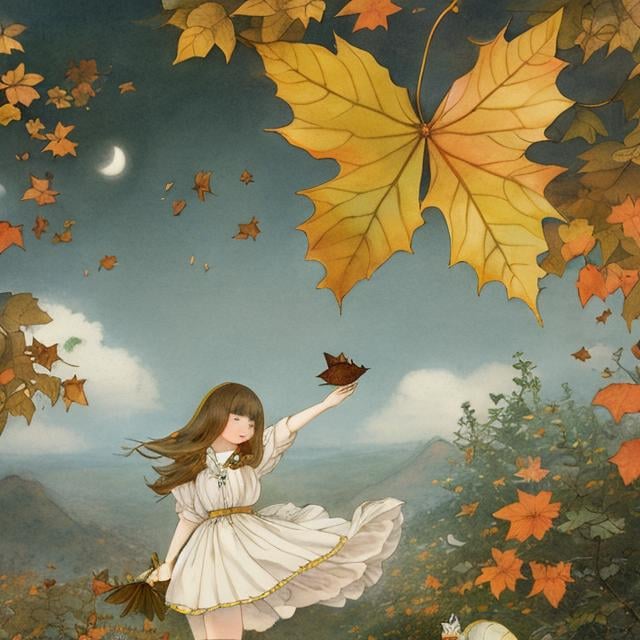 Prompt: Kate Greenaway, Cicely Mary Barker, Japanese style anime mysterious strange bizarre surreal fantasy sci-fi fantasy miniskirt high school girl slowly descending through the air holding on to a giant autumn leaf, hyperdetailed high resolution high definition high quality masterpiece