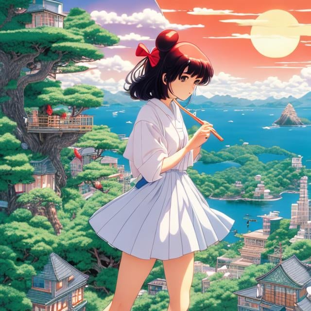 Prompt: Rumiko Takahashi, Minako Narita, hiroshi masumura, Surreal, mysterious, bizarre, fantastical, fantasy, Sci-fi, Japanese anime, miniskirt beautiful high school girl, perfect voluminous body, studying, rocket by the window, floating cat, rings of Saturn, comical, detailed masterpiece 