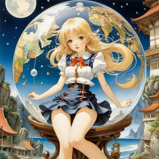 Prompt: Ichigo Takano, Adrienne Segur, Margaret Tarrant, Anton Pieck, Ernst Kreidolf, Surrealism, wonder, strange, fantastical, fantasy, Sci-fi, Japanese anime, glass celestial globe, image specimen box of humanity and the heavenly world, beautiful blonde miniskirt girl Alice on holiday, perfect voluminous body, detailed masterpiece  cute 