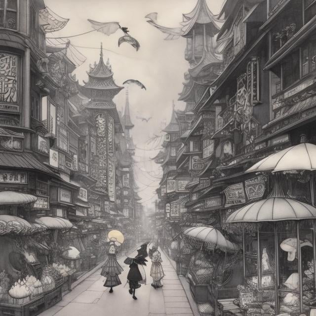 Prompt: Maurice Sendak, Arthur Rackham, Heikala, anime, Ukiyo-e style, surreal, mysterious, strange, fantastic, fantasy, Sci-fi fantasy, anime, Shibuya scramble intersection, miniskirt high school girl, perfect body, Slinky, ammonite, rainbow machine, seashell, cloud, feathers dancing in the air, detailed masterpiece 