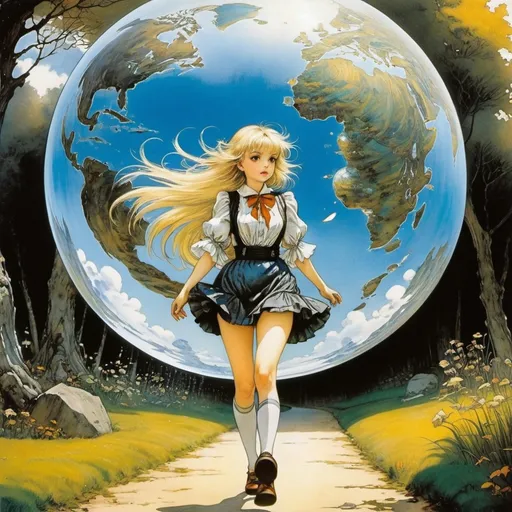 Prompt: Arthur Rackham, Zdenko Bašić, Dave Petzold, Heikala, Surrealism, wonder, strange, fantastical, fantasy, Sci-fi, Japanese anime, falling feathers, giant globe, beautiful blonde miniskirt girl Alice taking a walk, perfect voluminous body, detailed masterpiece 