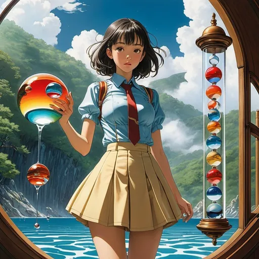 Prompt: François-Louis Schmied, Ruth Reeves, Moto Hagio, Surreal, mysterious, bizarre, fantastical, fantasy, Sci-fi, Japanese anime, a giant Galileo thermometer, spheres of different colors moving up and down in the water behind the glass, a beautiful high school girl in a miniskirt looking up at them, perfect voluminous body, detailed masterpiece 