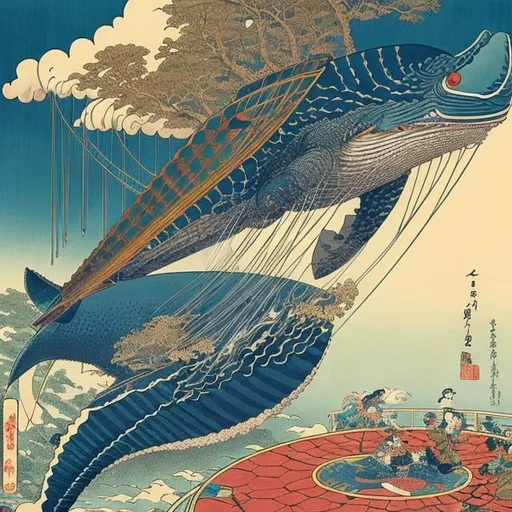 Prompt: Jean Giraud, Katsushika Hokusai　Eugène Grasset, Japanese anime, sci-fi fantasy circus trapeze flying whale cicada　Alice at the Tea Party Hyperdetailed high definition high resolution high quality masterpiece