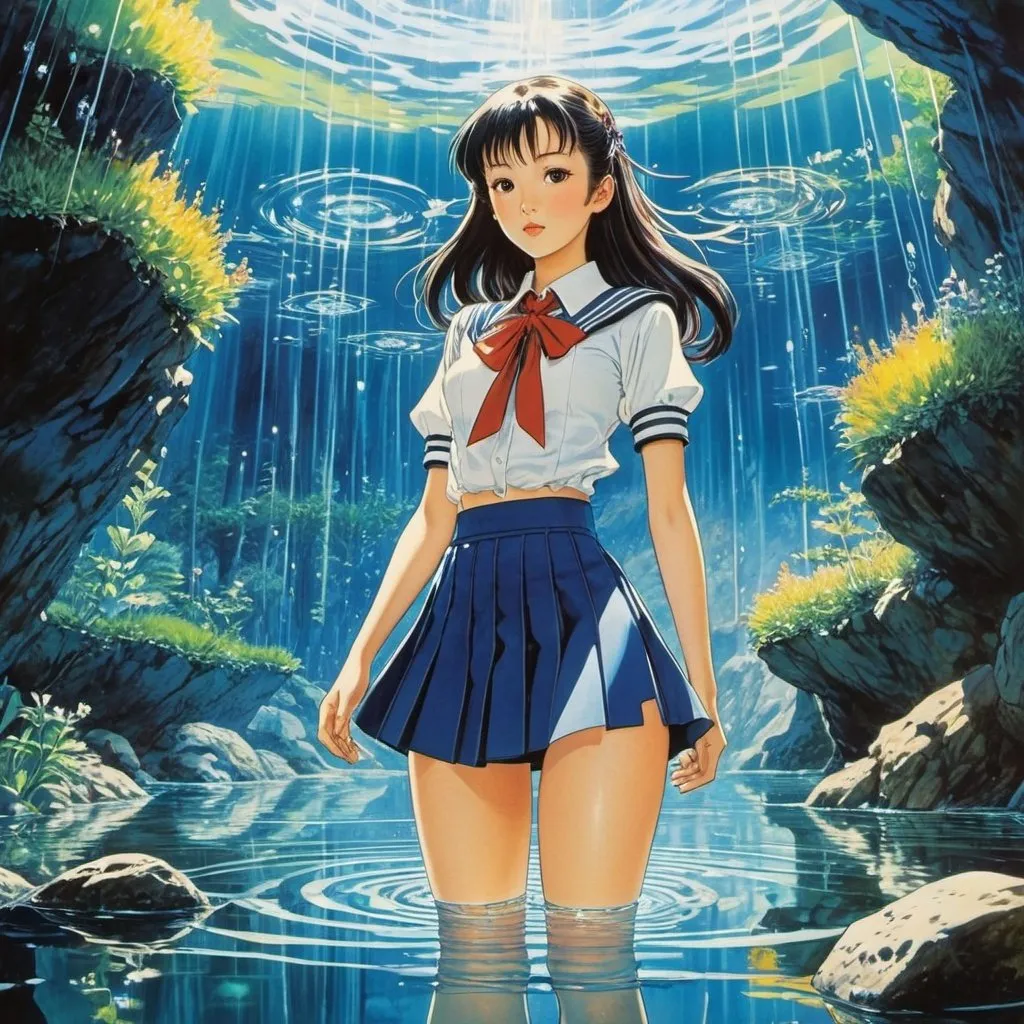 Prompt: Hidefumi Kimura, Robert Peak, Yoh Yoshinari, Walter Crane, Takeo Takei, Surrealism Mysterious Weird Fantastic Fantasy Sci-Fi, Japanese Anime, Water Lupine, Water Structure and Science, a Beautiful miniskirt high school girl, perfect voluminous body, detailed masterpiece reflection  