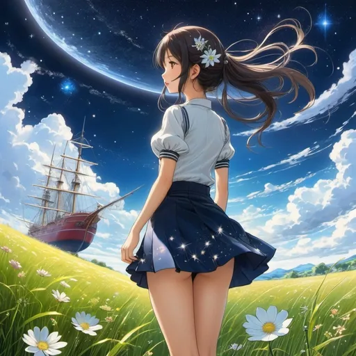 Prompt: J. J. Grandville, Takako Hirai, Surreal, mysterious, strange, fantastical, fantasy, Sci-fi, Japanese anime, crystal starry sky, miniskirt beautiful girl wearing unconventional clothes and listening to flowers, perfect voluminous body, summer grass, ships, clouds, detailed masterpiece 