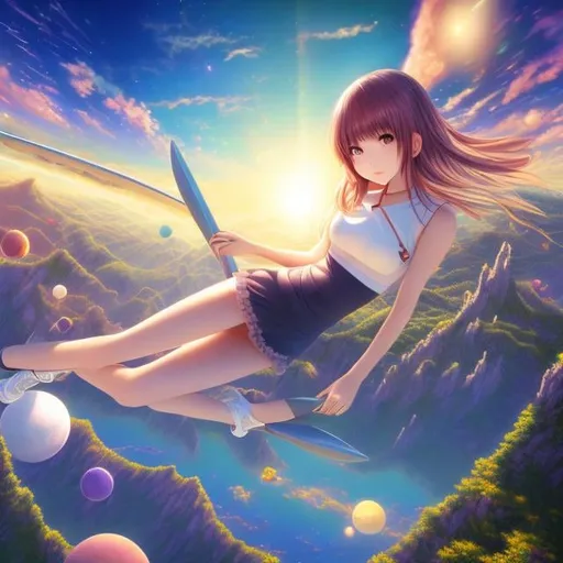 Prompt: Jill Bauman, Ken Akamatsu, Surreal, mysterious, bizarre, fantastical, fantasy, Sci-fi, Japanese anime, infinite space on a plane, perspective, perspective drawing, beautiful high school girl in a miniskirt in virtual space, perfect body, cave, camera, optical design, detailed masterpiece 