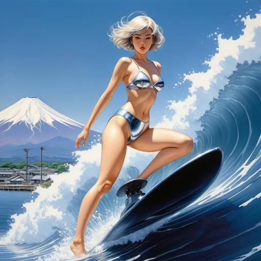 Prompt: Jessie Gillespie, Hajime Sorayama, Surreal, mysterious, strange, fantastical, fantasy, Sci-fi, Japanese anime, views of Mt Fuji, hot pants short-haired beautiful girl riding the waves, perfect voluminous body, boyish, fun, detailed masterpiece dynamic action poses low high angles hand drawings