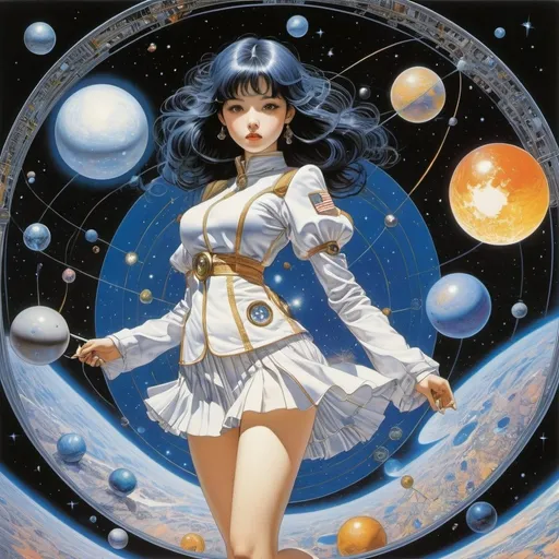 Prompt: Katie Scott, Harry Clarke, Hajime Sorayama, Katsuya Terada, W. W. Denslow, Surrealism, wonder, bizarre, bizarre, fantasy, Sci-fi, Japanese anime, the problem of fine-tuning the universe, the gravitational constant, the mass of electrons, protons, and neutrons, the magic of general relativity, the pulse and candlesticks, the beautiful high school girl in a miniskirt, perfect voluminous body, detailed masterpiece 