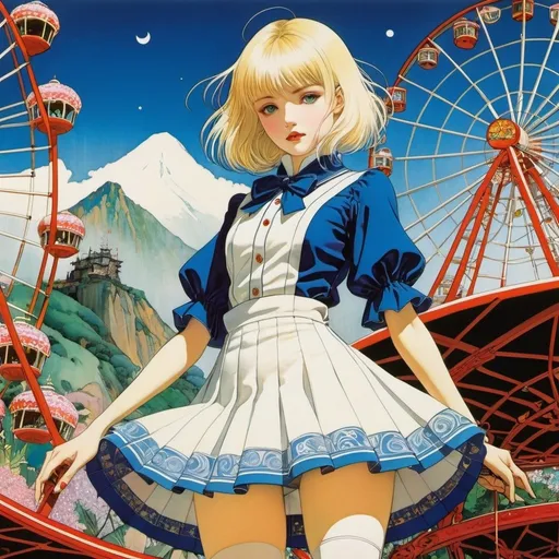 Prompt: Harry Clarke, Fernando Fernández, Masamune Shirow, Yuu Watase, Koloman Moser, Surrealism, wonder, strange, fantastical, fantasy, Sci-fi, Japanese anime, folding mobile amusement park, agave Ferris wheel, beautiful blonde miniskirt girl Alice looking for a tea party, perfect voluminous body, 