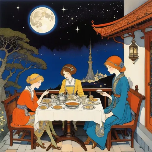 Prompt: Harry Clarke, Janet and Anne Grahame Johnstone, Anton Pieck, Edmund Dulac, Surrealism, wonder, strange, bizarre, fantasy, Sci-fi, Japanese anime, eating a large serving of cutlet curry in the middle of the night, beautiful girl in a miniskirt crescent moon, perfect voluminous body, moonlight cafe patio, galaxy and space station, detailed masterpiece 
