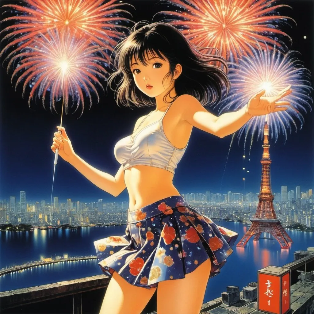 Prompt: Katsuhiro Otomo, Yoshitaka Amano, Karel Franta, Surrealism Mysterious Weird Fantastic Fantasy Sci-Fi, Japanese Anime, Miniskirt Beautiful Girl Fireworks Artist Sings, perfect voluminous body, Midday Fireworks Darkness,Tokyo Bay, detailed masterpiece 