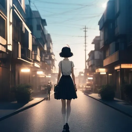 Prompt: Johann Dieter Wassmann, Shigeru Tamura, Surreal, mysterious, strange, fantastic, fantasy, Sci-fi, Japanese anime, miniskirt beautiful girl and cat walking in the world between night and day, geometry, perfect body, detailed masterpiece perspective cinematic lighting hand drawings fine lines