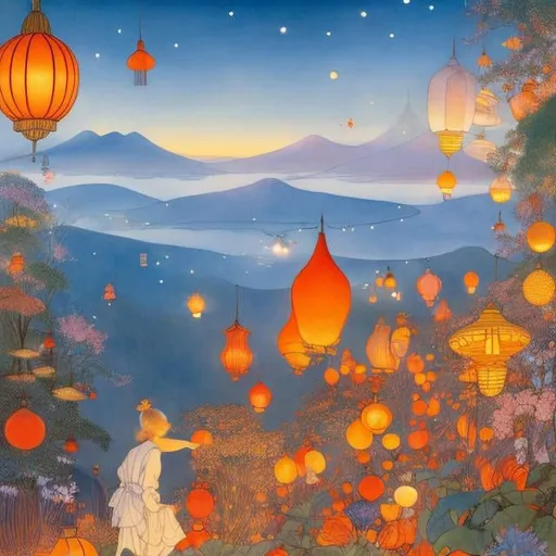Prompt: Elsa Beskow, Margaret Tarrant, Japanese Anime Surreal Mysterious Bizarre Sci-fi Fantasy Fantasy Stalls Festival Lanterns Beautiful Kimono girl Galactic Sky School of Goldfish Swimming in the Air Bird's Eye View, hyperdetailed high resolution high definition high quality masterpiece