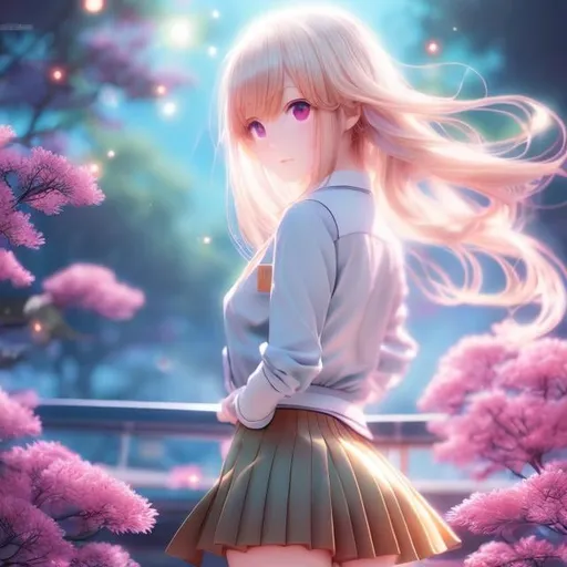 Prompt: Erwin Puchinger, Hiromi Matsuo, Surreal, mysterious, strange, fantastical, fantasy, Sci-fi, Japanese anime, desk light tree, tropical fish, blonde miniskirt beautiful girl Alice, perfect voluminous body, the road that continues, detailed mas