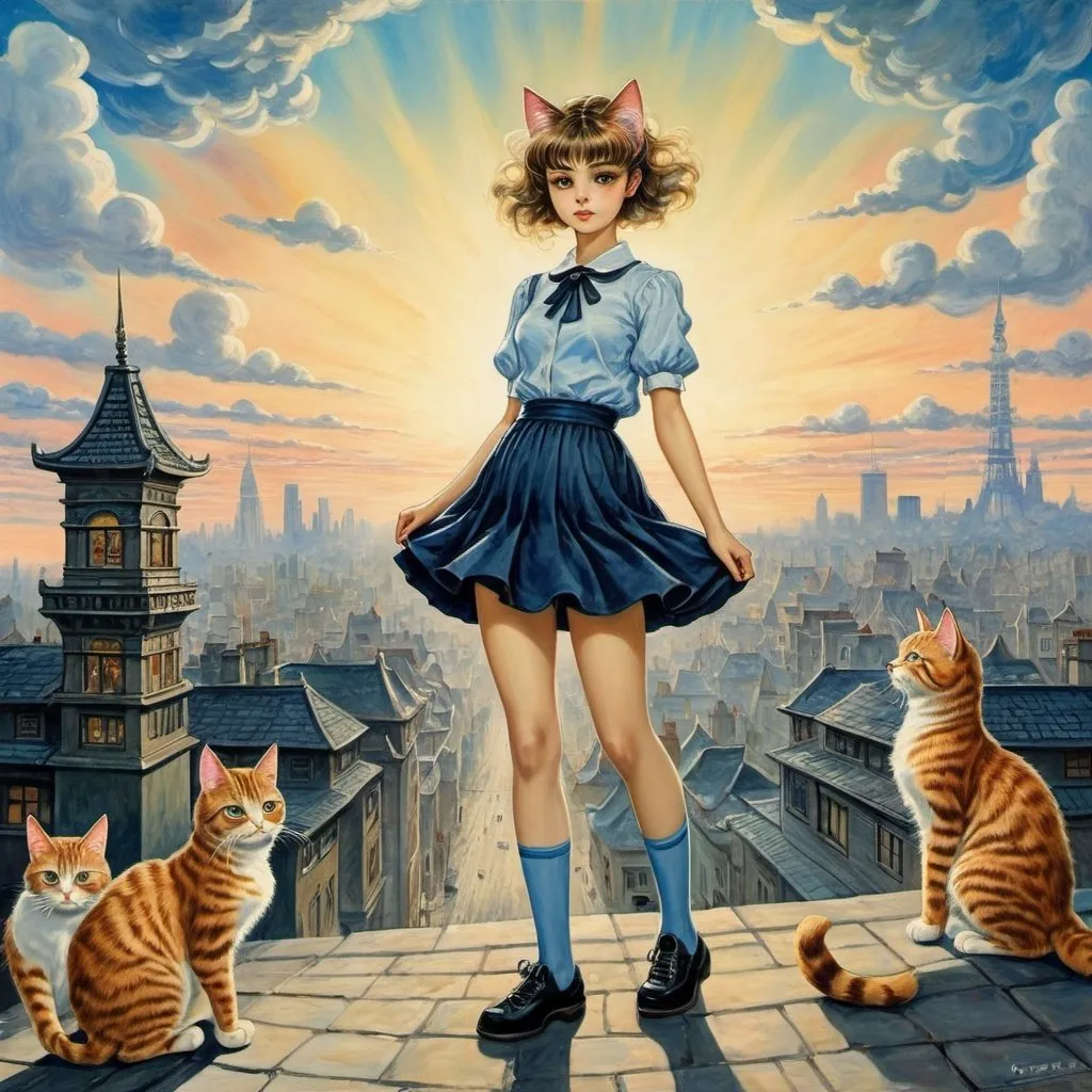 Prompt: Henryk Plociennik, Louis Wain, Surreal, mysterious, strange, fantastical, fantasy, Sci-fi, Japanese anime, painting the sky with fantasy paints, a beautiful high school girl in a miniskirt, perfect voluminous body, a city of cats standing and walking, detailed masterpiece 