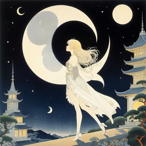 Prompt: Kay Nielsen, Shigeru Hatsuyama, Dorothy Lathrop, Gavin Bishop, Mitsukazu Mihara, Surrealism, wonder, strange, bizarre, fantasy, Sci-fi, Japanese anime, crescent moon born from a coffee cup, miniskirt beautiful high school girl looking for a cat, perfect voluminous body, night turns into morning, detailed masterpiece 