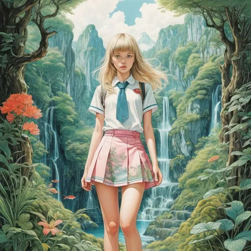 Prompt: Nico Jungmann, Sanne te Loo, Hanneke Siemensma, Surrealism, strange, fantastical, weird, fantasy, sci-fi, Japanese anime, strange creative techniques, dream-like beautiful world, having a little paradise, beautiful miniskirt high school girl, detailed masterpiece, hand coloured line drawings 