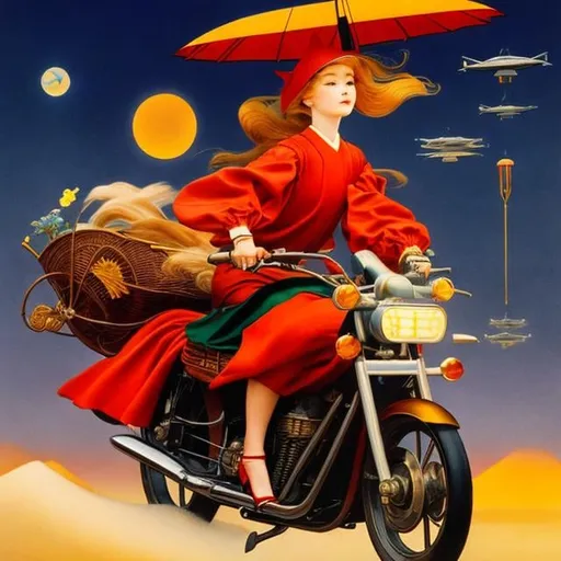 Prompt: Jessie Willcox Smith, shusei nagaoka, Surreal, mysterious, bizarre, fantastical, fantasy, Sci-fi, Japanese anime, fairy tale paintings, the Bremen Musicians, a beautiful blonde miniskirt princess riding a motorcycle, perfect voluminous body, the charm of a comprehensive art created by the combination of illustration, typesetting, reproduction technology, and art direction, 19 century paris street scenery, detailed masterpiece 