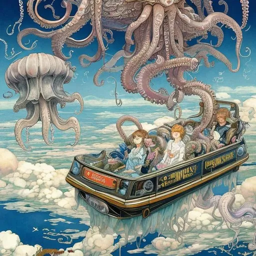 Prompt: Walter Crane,  Barbara Cooney, François-Louis Schmied, animesque　wondrous　strange　Whimsical　surreal　fanciful　Sci-Fi Fantasy　country above the clouds　Ukishima　Beetle Taxi　Fish in the sea of clouds、octopuses、jellyfish　Little girl in a taxi Hyperdetailed high definition high resolution high quality masterpiece