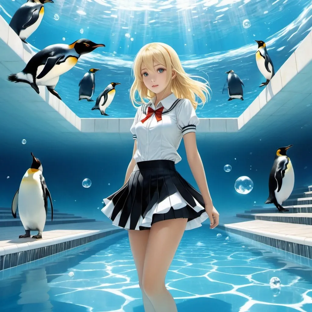 Prompt: Shigeru Tamura, A E Marty, Surreal, mysterious, strange, fantastical, fantasy, sci-fi fantasy, anime, iceberg floating in the school pool, beautiful blonde miniskirt girl Alice, perfect voluminous body, penguins, detailed masterpiece 