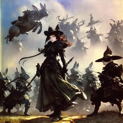 Prompt: Masamune Shirow, Arthur Rackham, Surreal, mysterious, strange, fantastical, fantasy, Sci-fi, Japanese anime, miniskirt beautiful witch, perfect voluminous body, surrounded by a group of armored rabbits in the schoolyard, on the verge of fighting, detailed masterpiece 