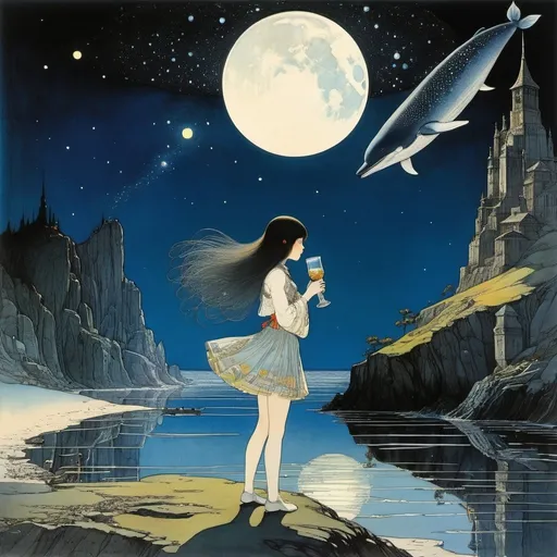 Prompt: Harry Clarke, Virgil Finley, Anton Pieck, John Bauer, Shigeru Tamura, Surrealism, strange, bizarre, fantastical, fantasy, sci-fi, Japanese anime, beautiful high school girl in a miniskirt drinking bottled moonlight, perfect voluminous body, riverbed in the galaxy, watching the space whale leap, detailed masterpiece 