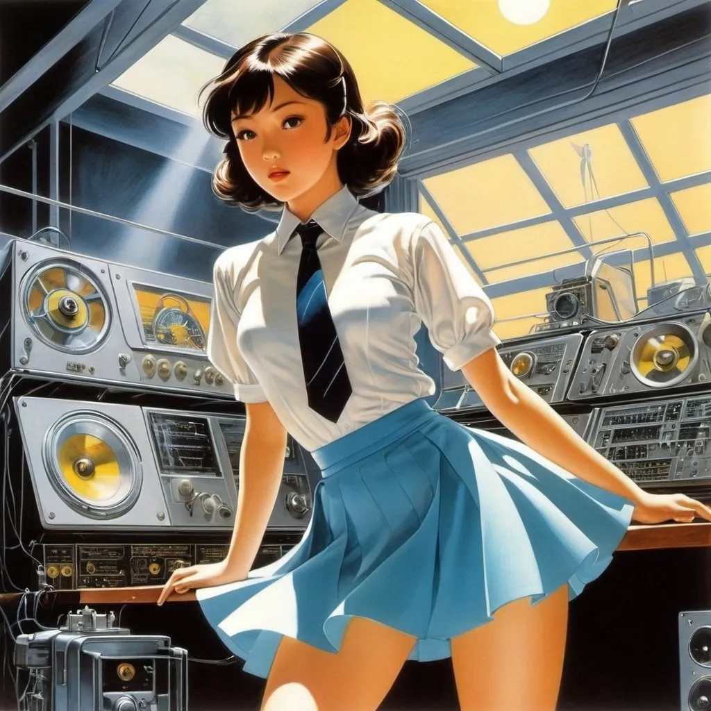 Prompt: Anne Anderson, Ayuko Hatta, Pierre Roy, Gene Colan, Mitsumasa Anno, Surrealism, mysterious, bizarre, fantastical, fantasy, Sci-fi, Japanese anime, only coincidence is inevitable, ballet mechanic miniskirt beautiful high school girl, perfect voluminous body, alternating current, radio, fluorescent lights, detailed masterpiece 