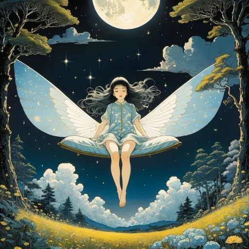 Prompt: Guido Balsamo Stella, Charles Ricketts, Chiho Saito, Charles Robinson, Yuko Shimizu, Surrealism, mysterious, strange, bizarre, fantasy, Sci-fi, Japanese anime, a flying bed on a sleepless night, a beautiful girl in pajamas, perfect voluminous body, a forest of clouds, a meadow of stars, detailed masterpiece 