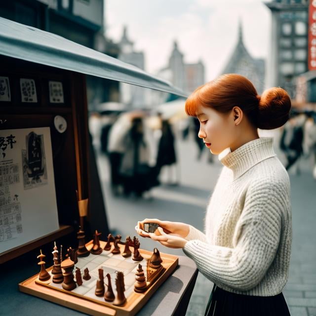 Prompt: Elsa Beskow, Ernst Kreidolf, Mysterious, strange, surreal, bizarre, fantasy, Sci-fi, Japanese anime, geometric automatic chess device, cobblestone square, setting moon, beautiful girl in a miniskirt eating at a ramen stall, perfect body, detailed masterpiece 