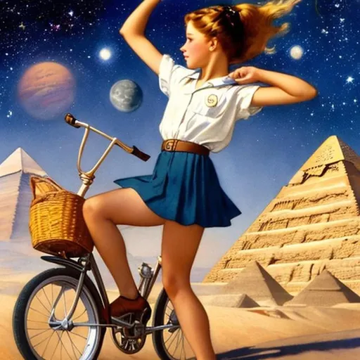 Prompt: Jessie Willcox Smith, Sulamith Wülfing, animesque　wondrous　strange　Whimsical　Sci-Fi Fantasy　Minis schoolgirl climbing the pyramids of Giza on a bicycle　a beauty girl　solo girl a moon　Milky Way　spacecraft, perfect body, shirt unbuttoned sweating high resolution masterpiece hyper detailed close up to girl