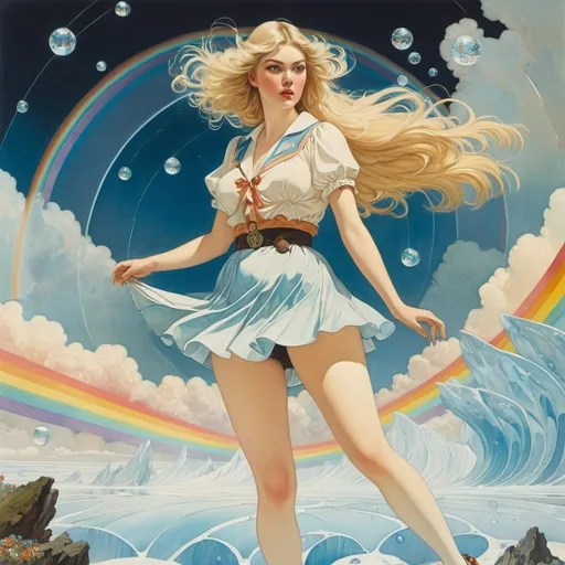 Prompt: Richard Dadd, Eleanor Vere Boyle, Edmund Dulac, Florence Kate Upton, Katharine Cameron, Surrealism, wonder, strange, bizarre, fantasy, Sci-fi, Japanese Anime, rain that connects the sky and the earth, a rainbow of ice crystals and a blonde miniskirt beautiful girl Alice, perfect voluminous body, detailed masterpiece 
