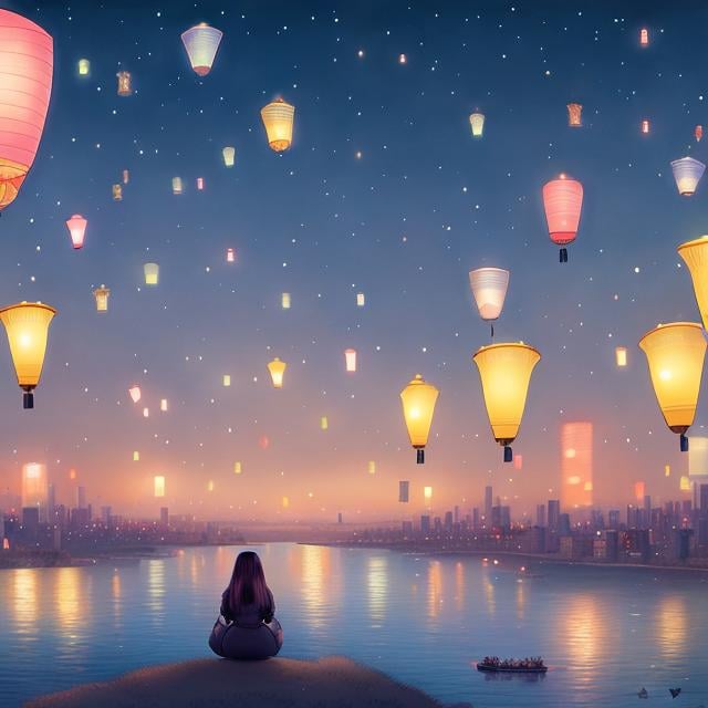 Prompt: Kate Greenaway, Japanese anime,  surreal　wondrous　strange　Whimsical　fanciful　Sci-Fi Fantasy　Toronto Night View　Flying lanterns　Solo girl, hyperdetailed high resolution high quality high definition masterpiece hand drawn illustration 