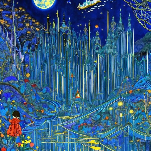 Prompt: Harry Clarke Anime　wondrous　strange　Whimsical　surreal　absurderes　fanciful　Sci-Fi Fantasy　Invited to the world of blue dreams　Planetarium Ghost Travel　Climb the Star Journey Boy Tower　Landscapes from different eras　Sleepless Boy Goes to Moon