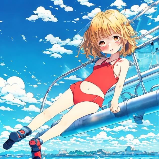 Prompt: Kenji Tsuruta style, girl, swimsuit, on submarine, blue sky, 