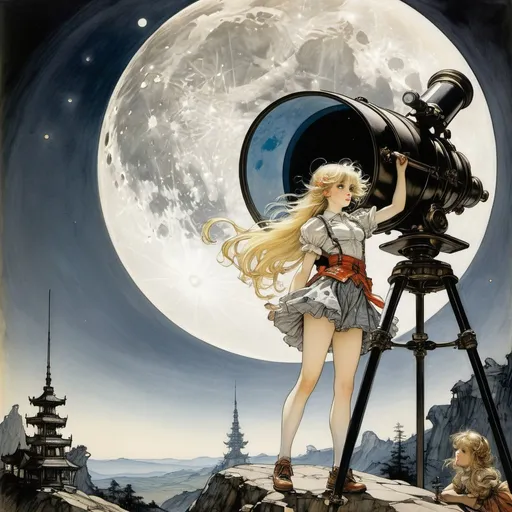 Prompt: Arthur Rackham, Jack Binder, Surreal, mysterious, bizarre, fantastical, fantasy, Sci-fi, Japanese anime, giant assembling glass astronomical telescope, the moon seen from the earth, exploration of extraterrestrial life and celestial mechanics, dynamics of boundary knowledge, beautiful blonde miniskirt girl Alice, perfect voluminous body, detailed masterpiece 