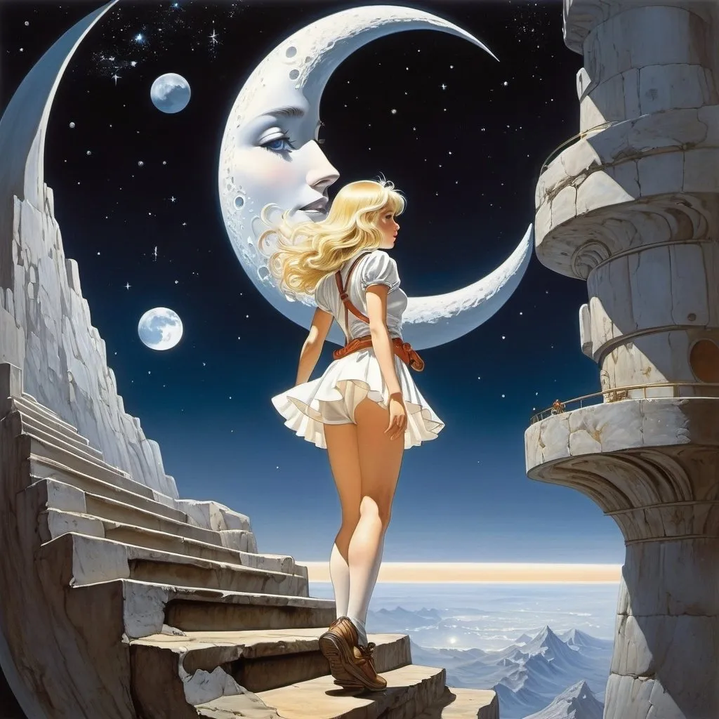 Prompt: Ai Yazawa, Peter Andrew Jones, Patrick Woodroffe, Elsa Beskow, Harriët van Reek, Surrealism, wonder, strange, bizarre, fantasy, Sci-fi, Japanese anime, moon viewing ritual, beautiful blonde miniskirt girl Alice climbing on the moon, perfect voluminous body, transparent staircase in space, detailed masterpiece 