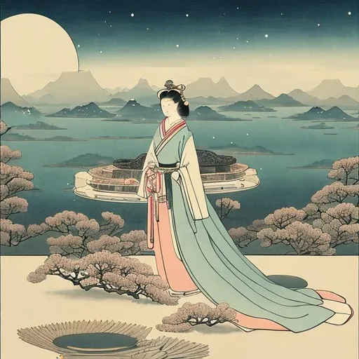 Prompt: Ukiyo-e style, Kate Greenaway, surreal, mysterious, strange Fantastic Sci-fi Fantasy A beautiful girl who repairs the broken moon, hyperdetailed high resolution high definition high quality masterpiece